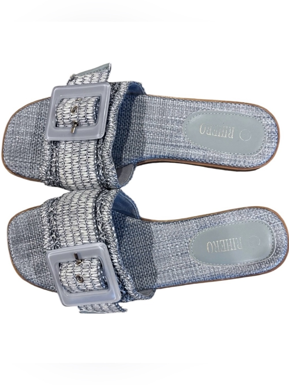 Blue square toed raffia woven big buckle cushion sandals 7